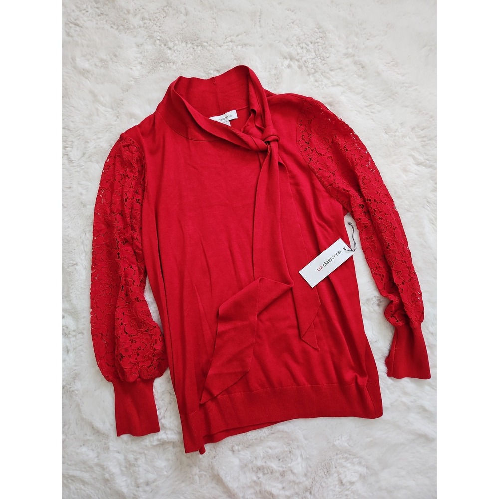 Liz‎ Claiborne Womens Red Tie Neck Lace Sleeve Sweater Top NWT M